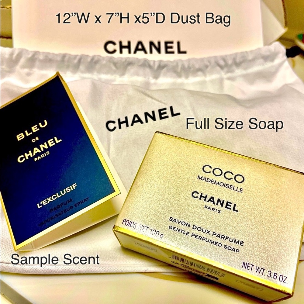 CHANEL NIB Coco Mademoiselle Soap & Dust Bag +Sample Bleu de Chanel